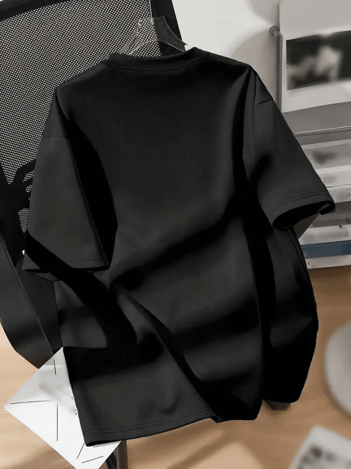 Baskılı Oversize Bisiklet Yaka T-shirt - Siyah