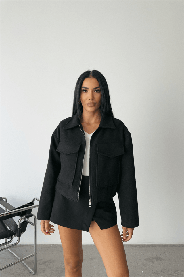 KAŞE CROP CEKET ÖNDEN FERMUARLI - Siyah