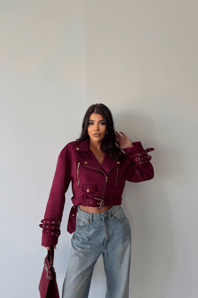 SÜET CROP CEKET KOL 3 KEMER DETAYLI - Bordo