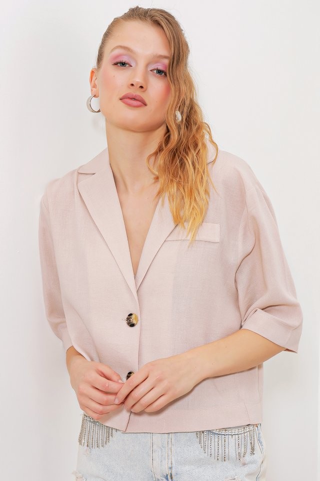 Krem Çift Düğmeli Oversize Crop Keten Ceket 0706