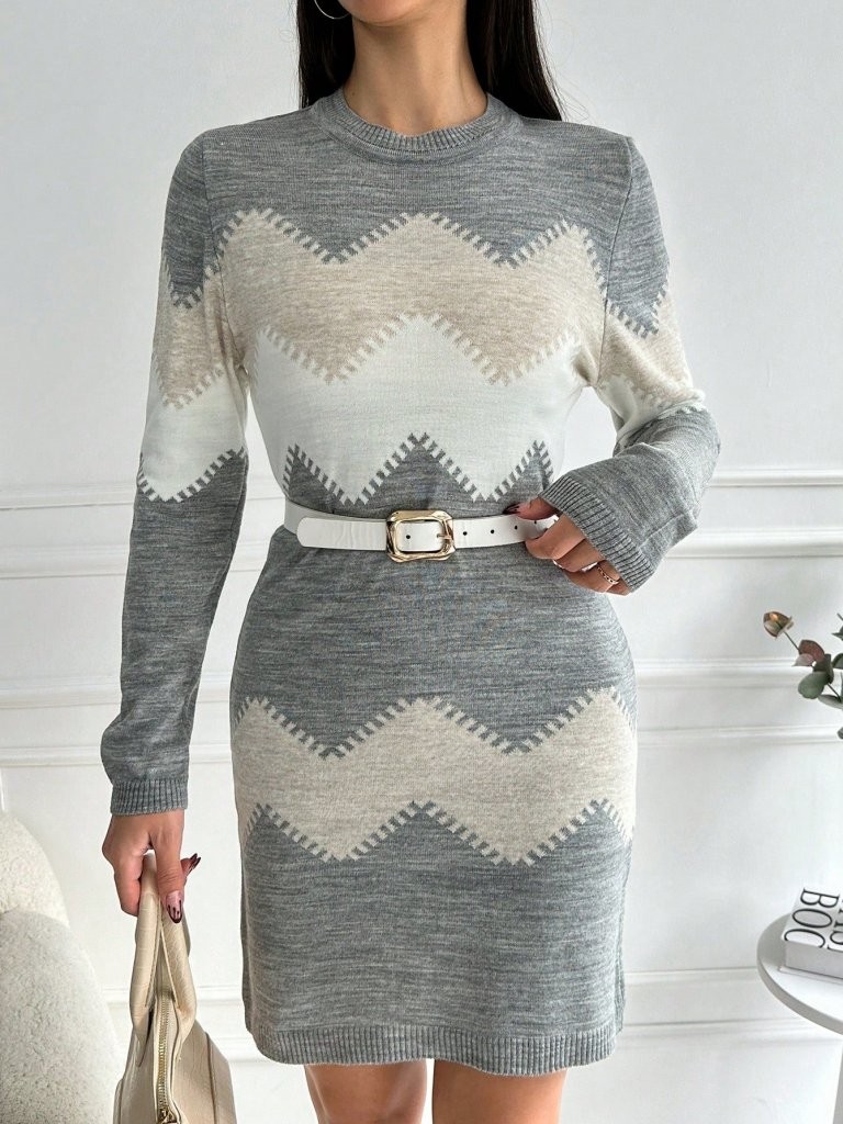 Kadın Uzun Kollu Zigzag Desen Triko Elbise