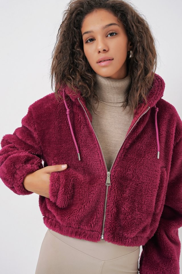 5193 Kapüşonlu Peluş Crop Ceket - Mürdüm