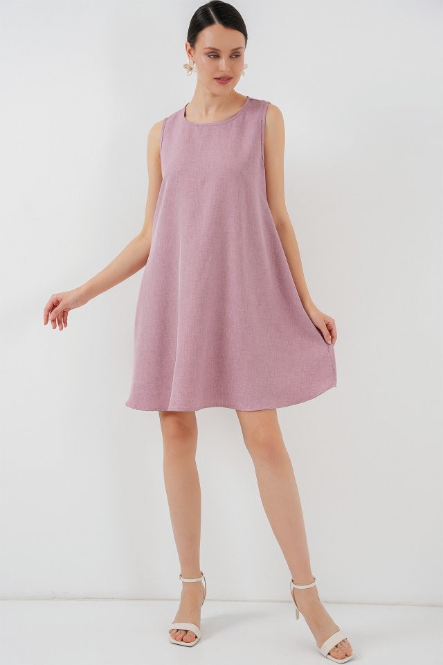 2444 Mini Keten Elbise - Pembe