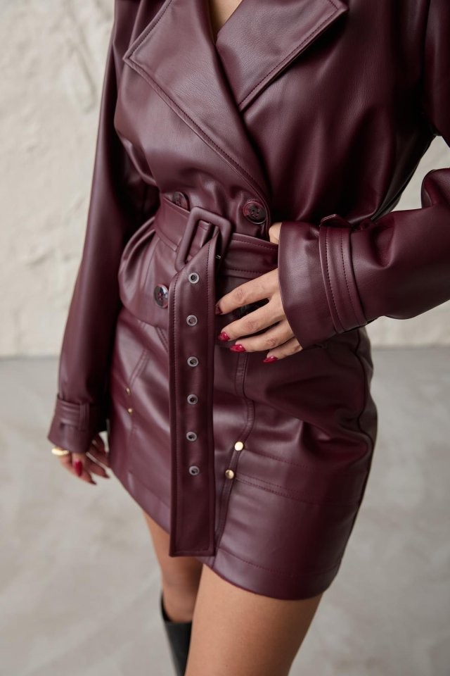 Bordo Kemerli Mini Deri Etek