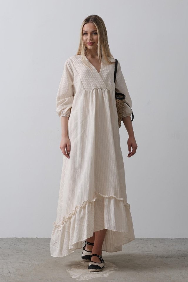 Çizgili Oversize V Yaka Elbise - Bej