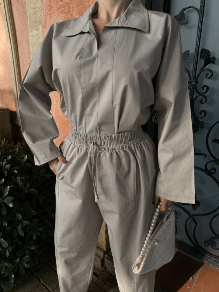 Uzun Kollu Yakalı Gömlek Pantalon Takım- Gri