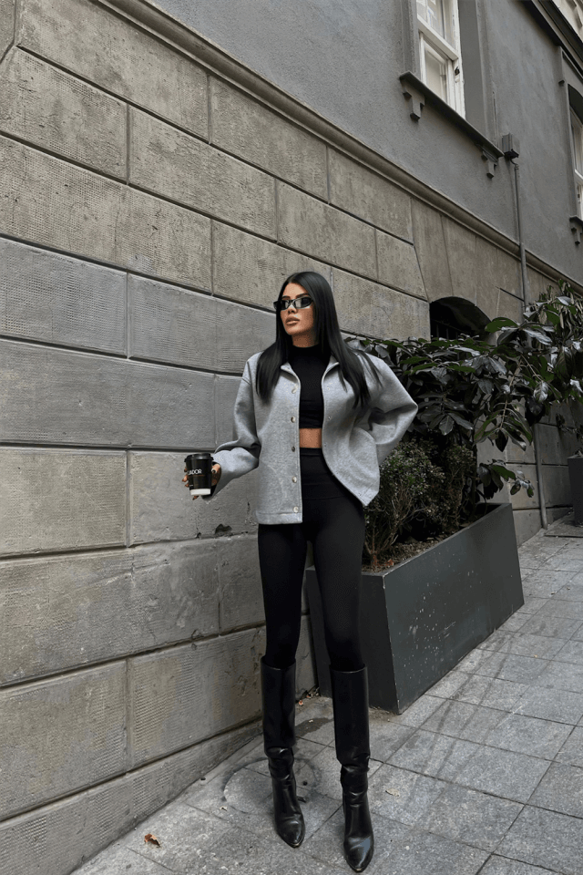 KAŞE GÖMLEK CEKET YANDAN CEP DETAYLI - Gri