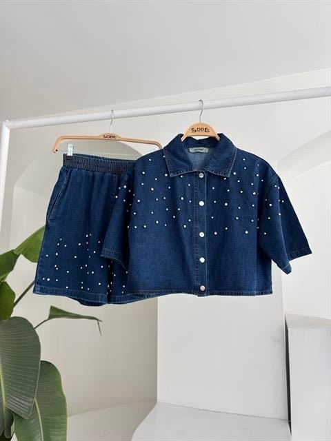 Taş Detaylı Gömlek Şort Denim Takım 10175