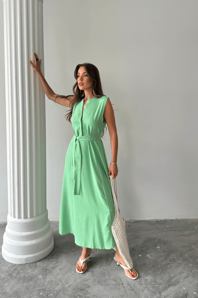 KETEN ELBİSE KOLSUZ BEL BAĞLAMALI MAXİ ELBİSE - Yeşil