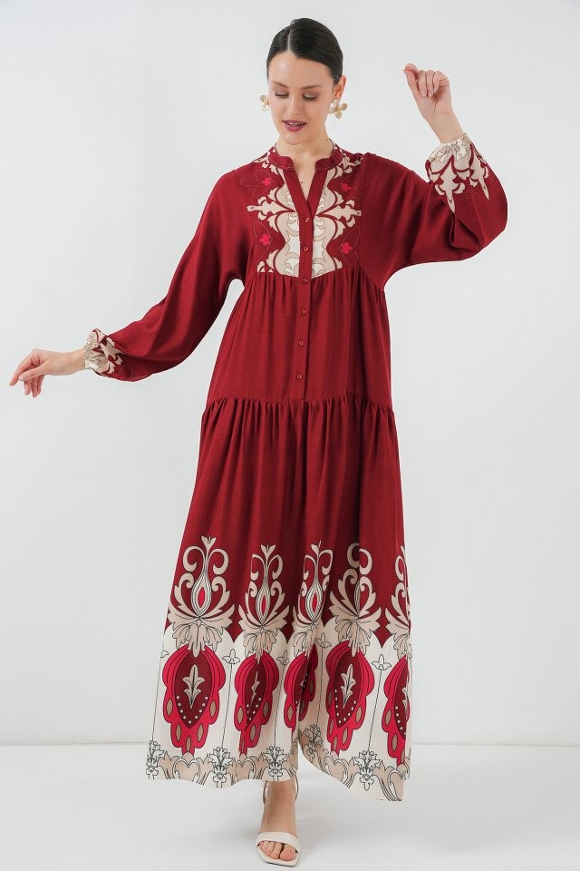 2423 Otantik Desenli Tesettür Elbise - C. Bordo