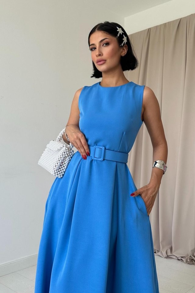 Mavi Halter Yaka Kloş Elbise