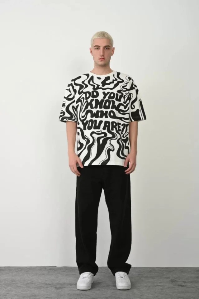 Unisex Baskılı Bisiklet Yaka Oversize T-Shirt - Beyaz