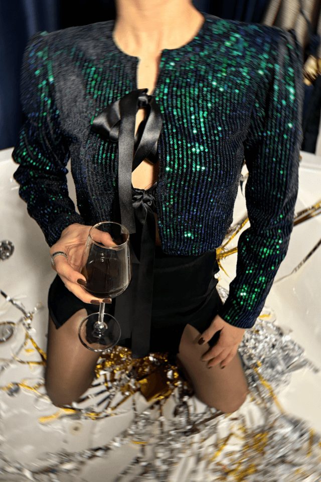 PULLU CROP BLUZ KURDELE BAĞLAMA DETAYLI - Yeşil