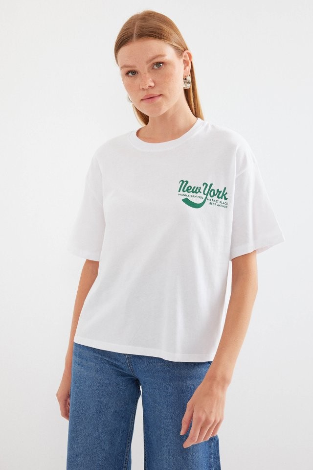 4318 Baskılı Basic Tişört - Beyaz