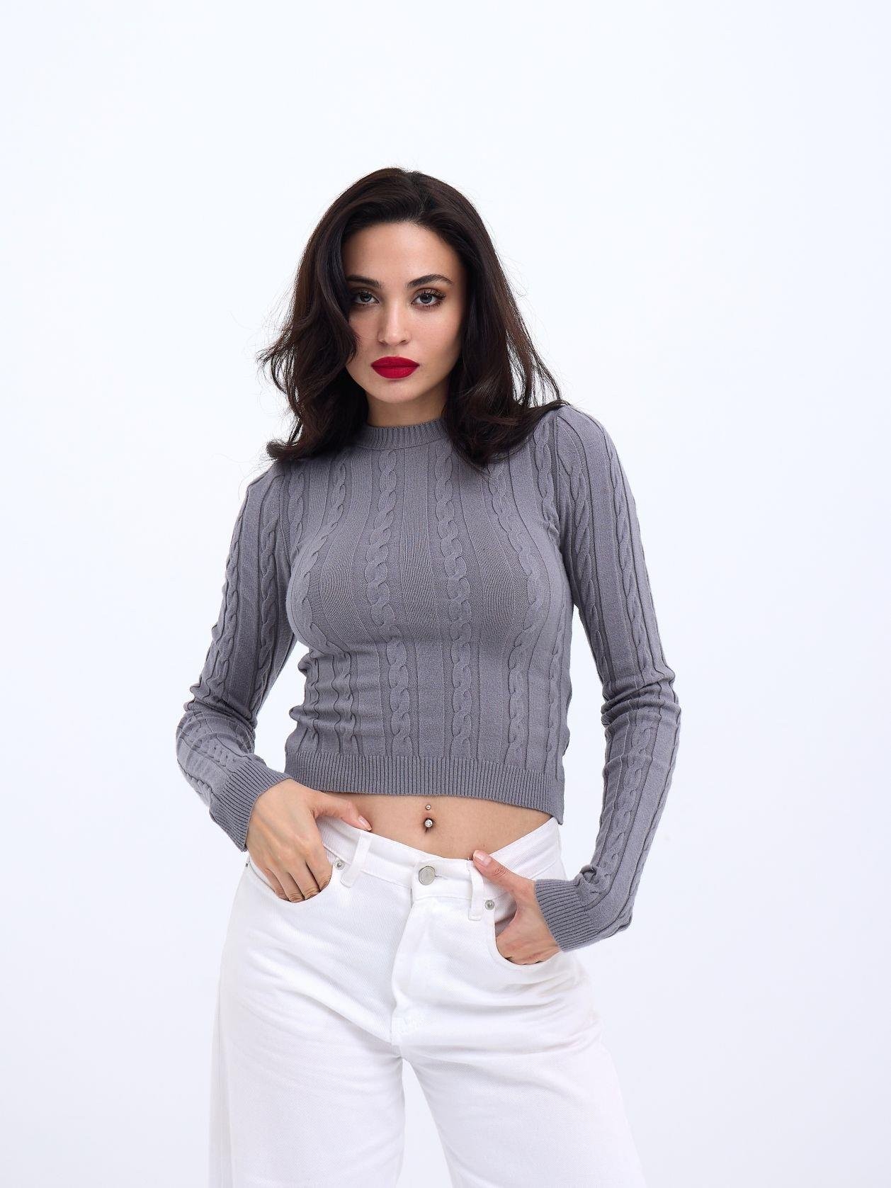 42491 TRİKO SAÇ ÖRGÜ CROP KAZAK-GRİ