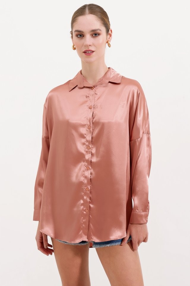 3985 Oversize Saten Gömlek - Camel