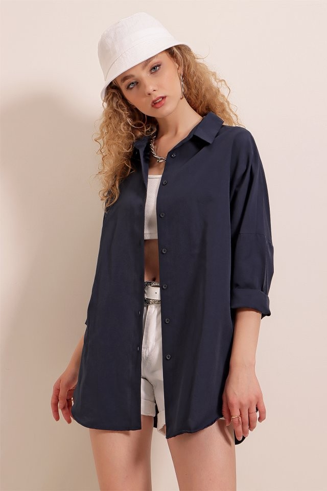 3900 Oversize Uzun Basic Gömlek - Lacivert