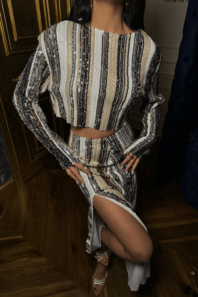ŞERİT PAYET CROP BLUZ - YIRTMAÇLI ETEK TAKIM - Siyah