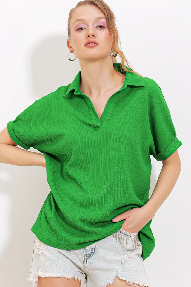 Yeşil Oversize Polo Yaka Örme Bluz 0486