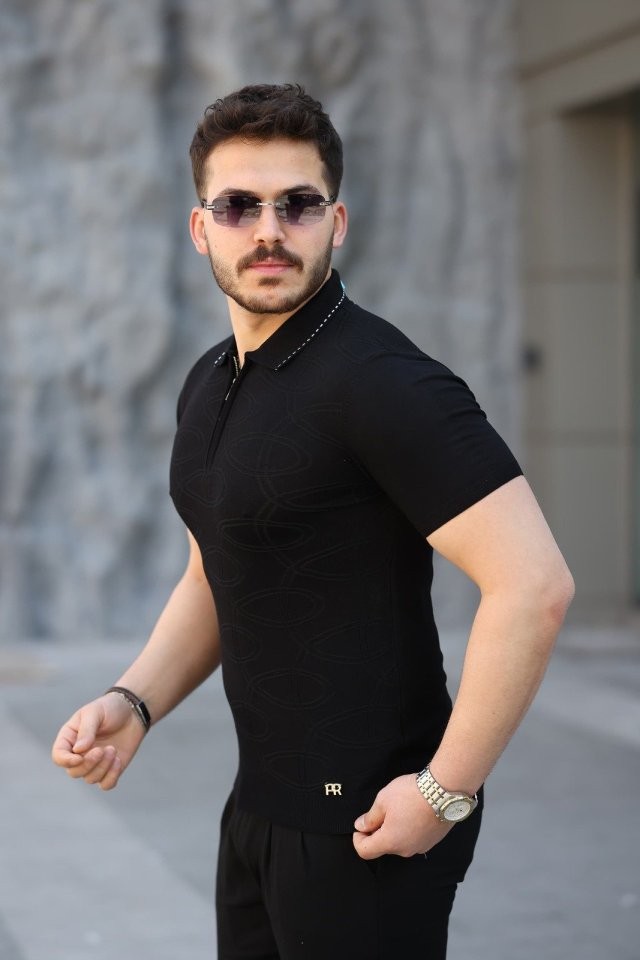 Erkek Viskon Kumaş Polo Yaka Desenli Tişört