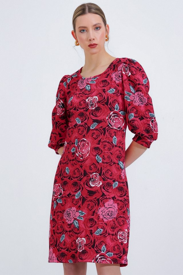Bordo Gül Desenli Midi Elbise 2477