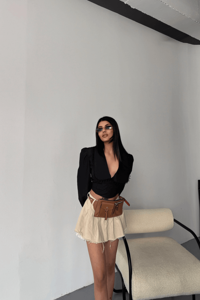 CROP POPLİN GÖMLEK YAKA KENAR DANTEL DETAYLI - Siyah