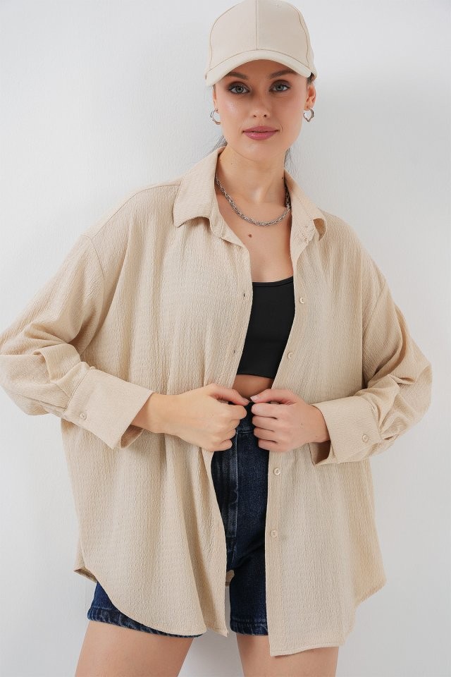 Örme Oversize Gömlek 20264 - Bej