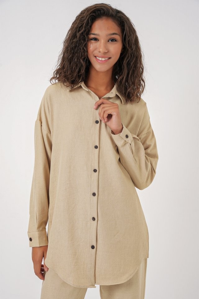 Bej Oversize Keten Alt Üst Takım 6622