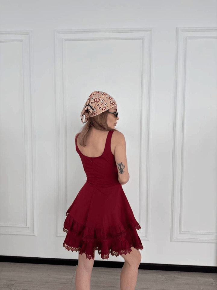 Fırfırlı Askılı Mini Elbise - Bordo