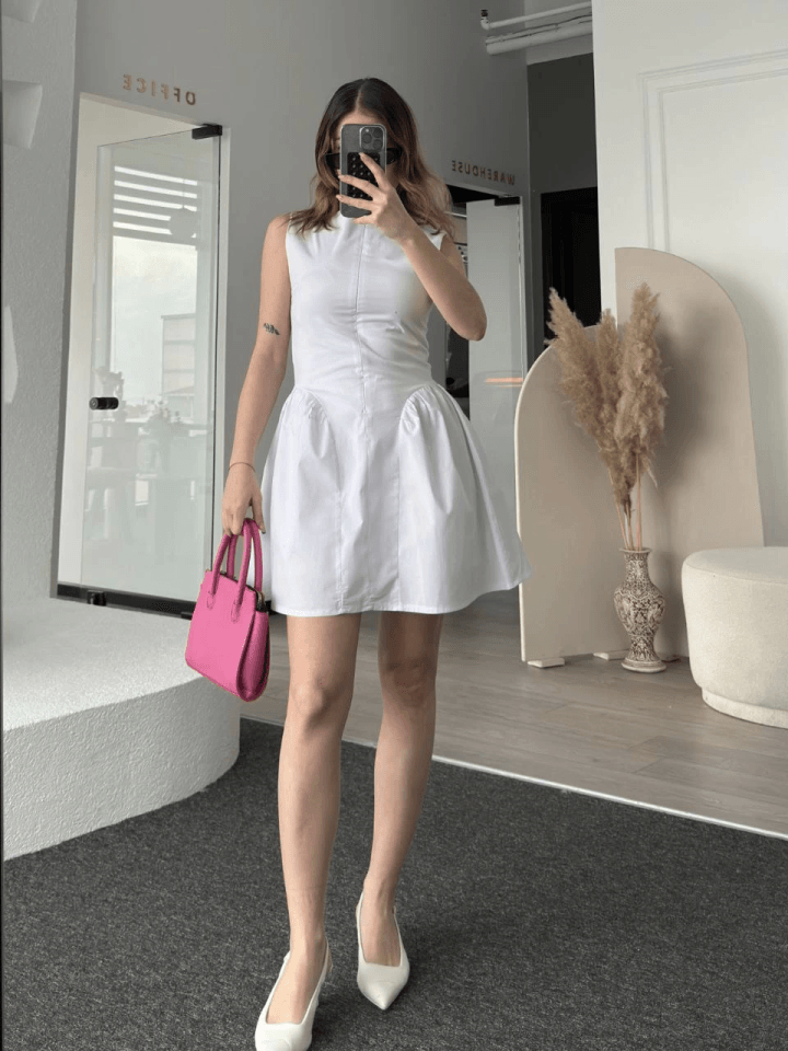 Fermuar Detaylı Mini Elbise - Beyaz