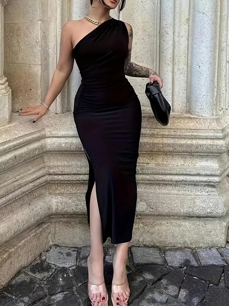 Kadın Tek Omuzu Açık Büzgülü Yandan Yırtmaçlı Uzun Sandy Elbise