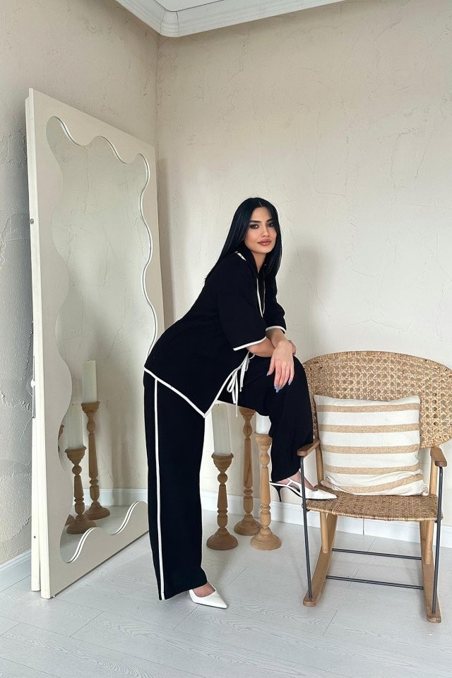 Siyah Biye Detaylı Keten Takım