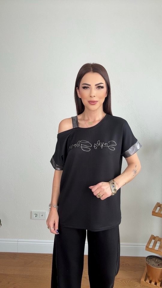 Kadın Kristal Kumaş Omuz Dekolteli Siyah Takım
