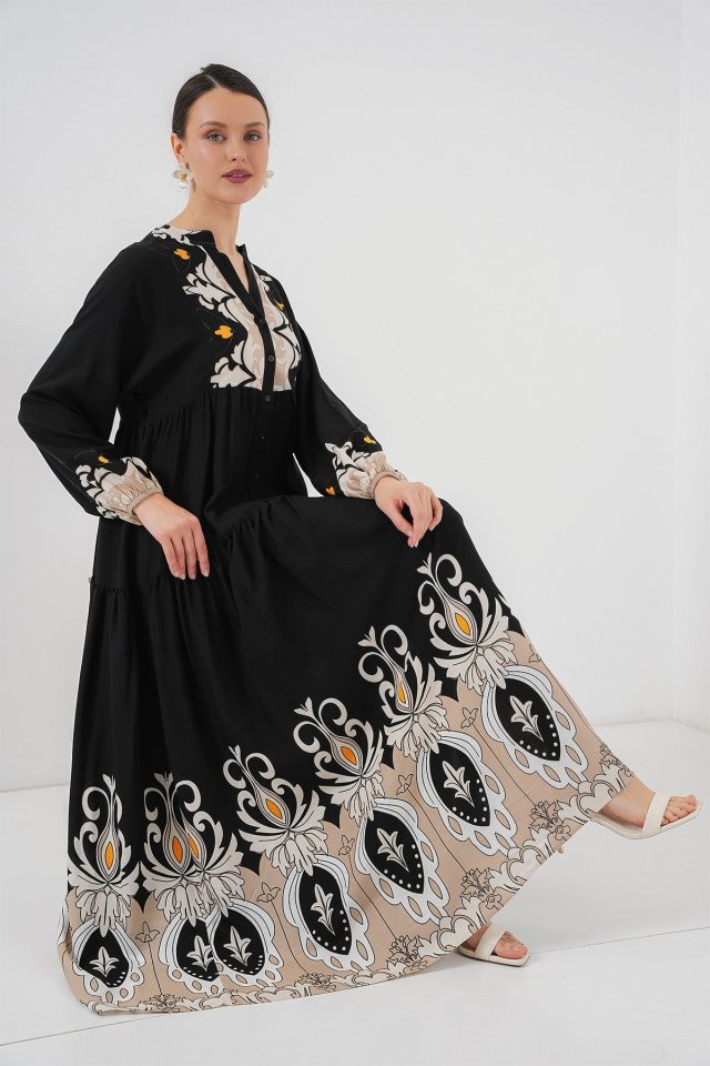 2423 Otantik Desenli Tesettür Elbise - Siyah 6