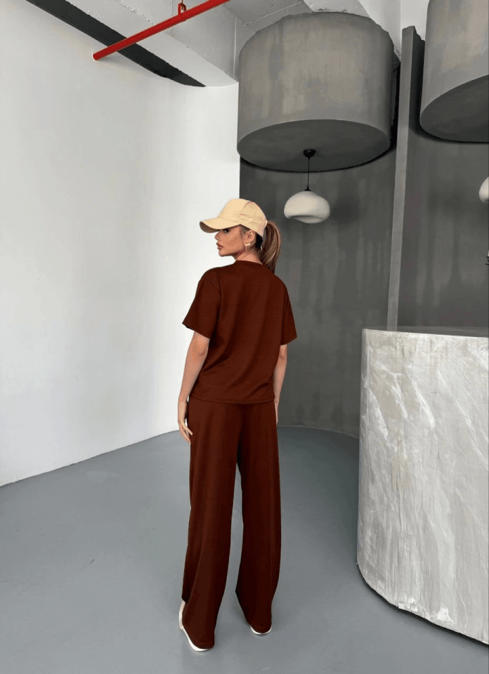 Osy Modal Yumuşak Dokulu Kumaş   Kısa Kollu Bluz Rahat Pantalon Ikili Takım- Bordo