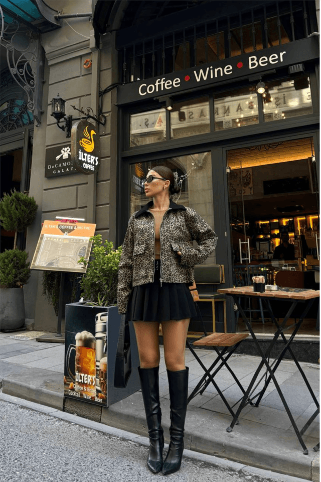 LEOPAR DESEN CROP CEKET GABARDİN - Leopar
