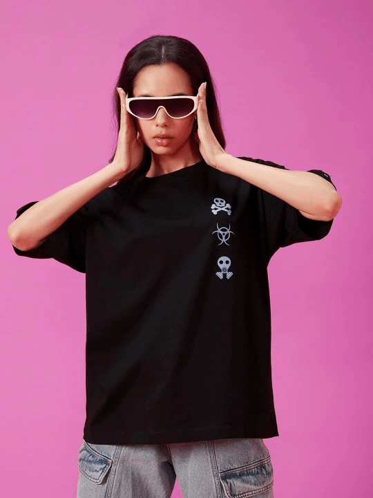 Baskılı Oversize T-shirt - Siyah