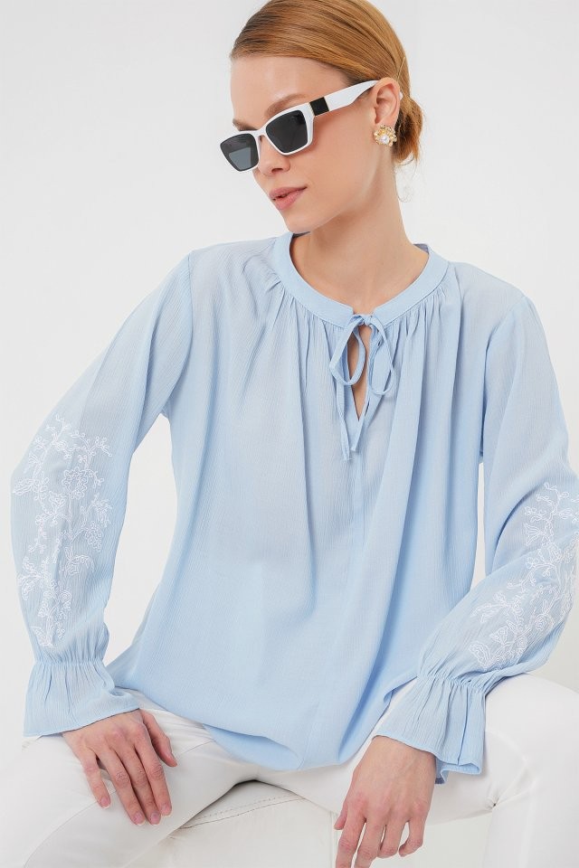 Nakışlı Örme Bluz 941 - Mavi