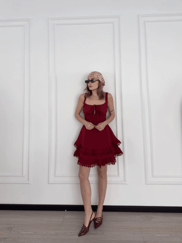 Mini Askılı Elbise - Bordo