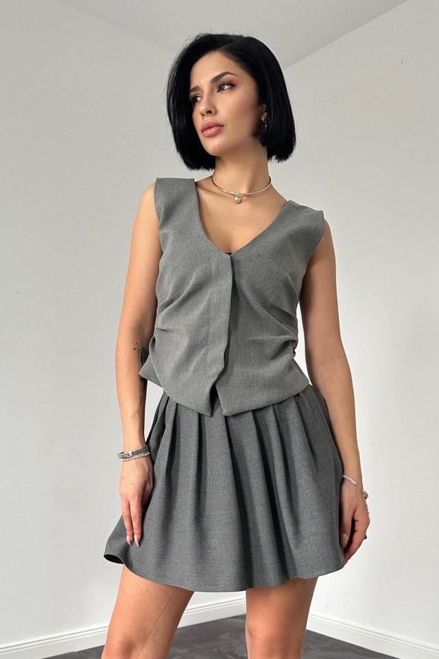 Gri Pilikaşe Mini Etek