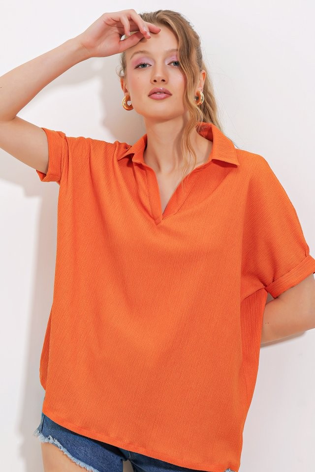 Turuncu Oversize Polo Yaka Örme Bluz 0486