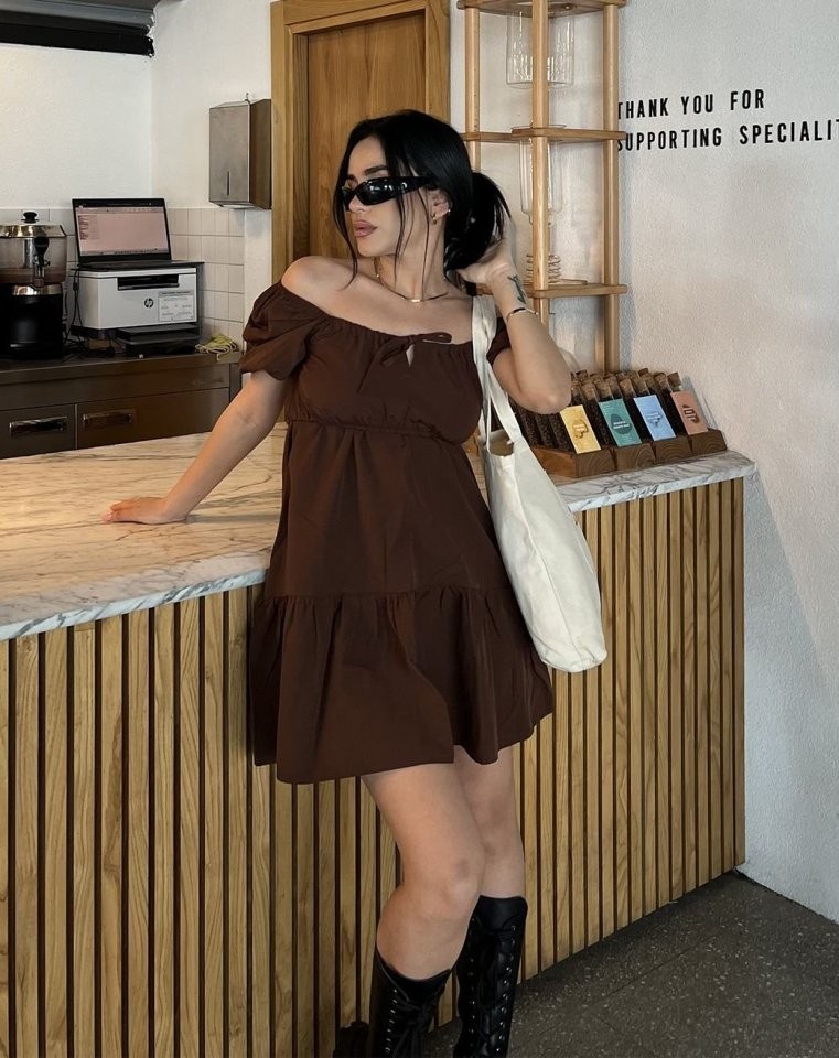 2351 Kloş Poplin Elbise - Kahverengi