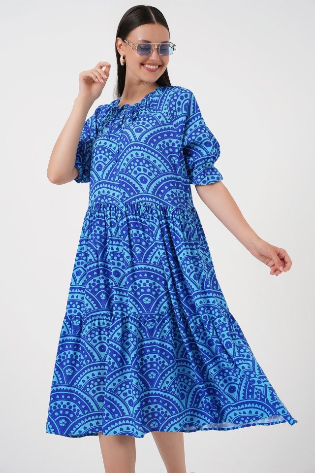 Kısa Kol Desenli Elbise 2553 - Saks
