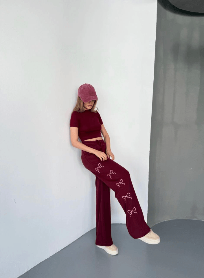 Osy Modal Yumuşak Dokulu Kumaş Nakış Işlemeli Rahat Bol Paça Eşofman Pantalon - Bordo