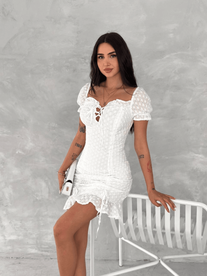 Göğüs Bağlamalı Mini Elbise - Beyaz