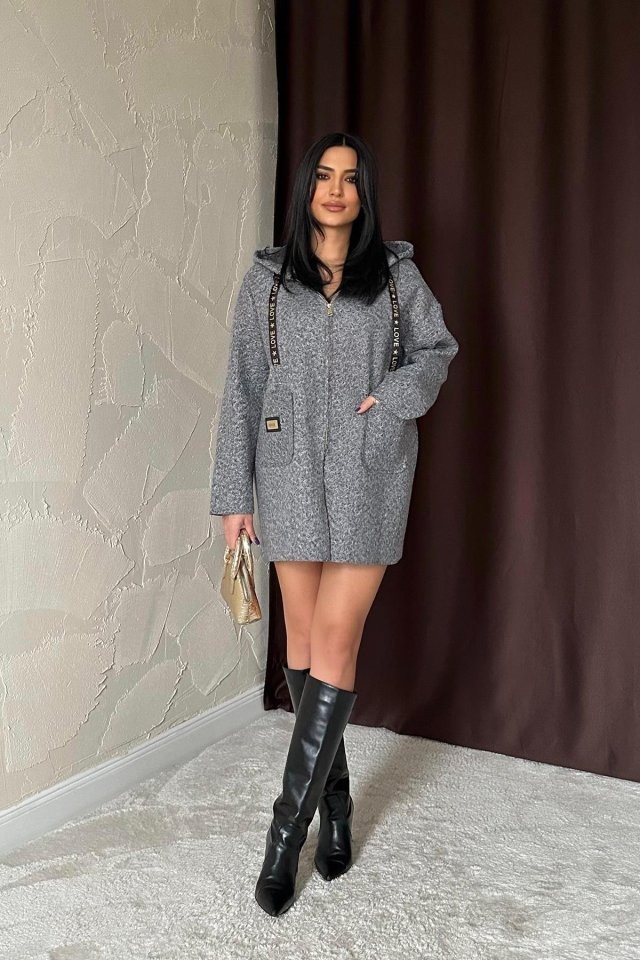 Gri Armalı Kapşonlu Peluş Ceket