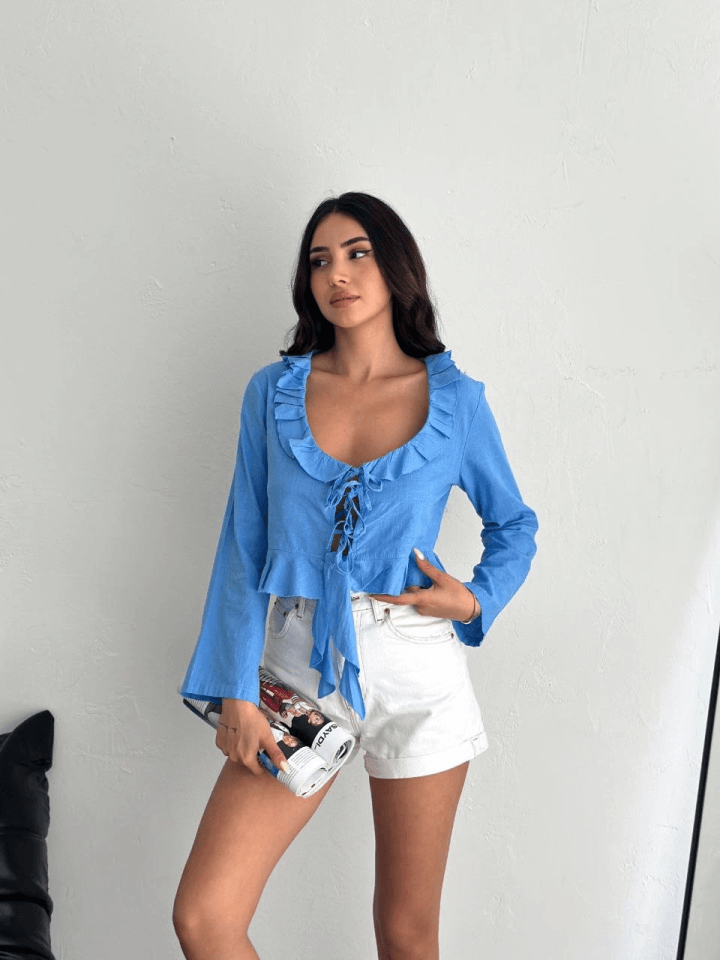 Keten Uzun Kol Bağacık Detaylı Bluz - Mavi