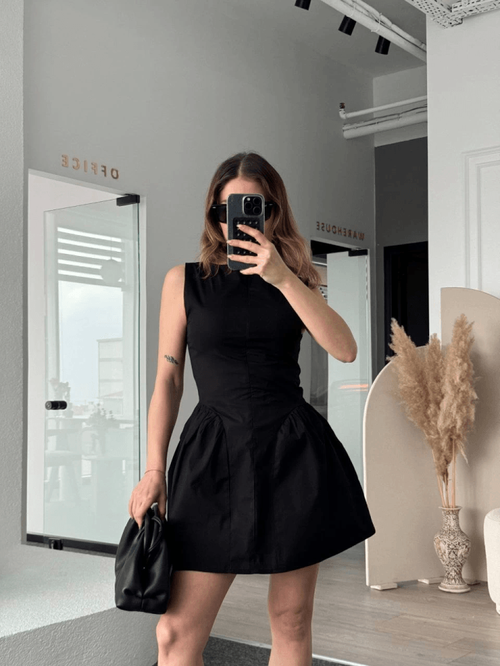 Fermuar Detaylı Mini Elbise - Siyah