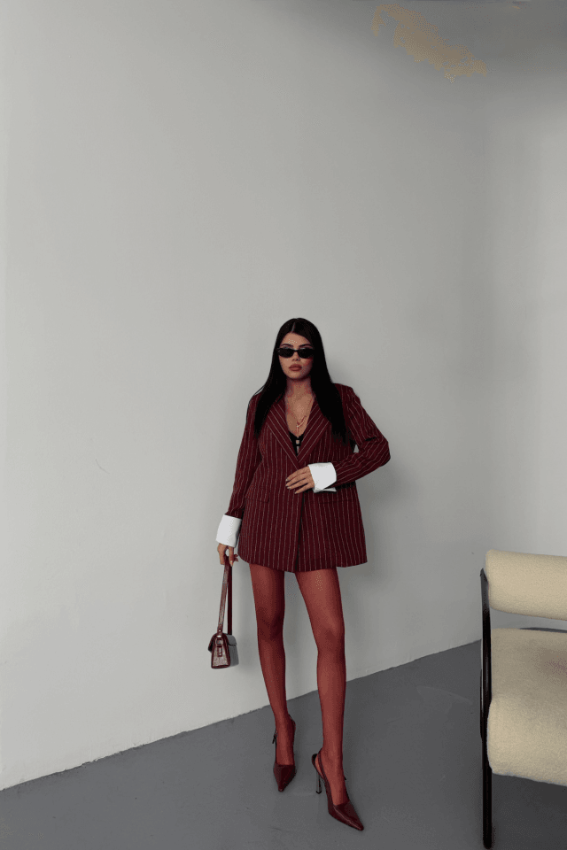 ÇİZGİLİ CEKET TEK DÜĞME EKRU MANŞET - Bordo