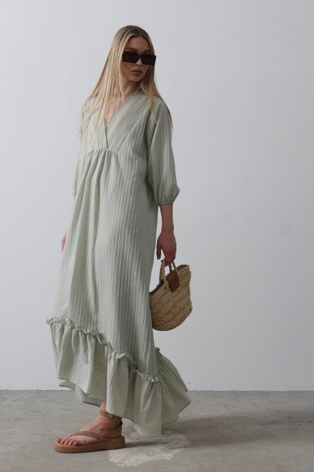 Çizgili Oversize V Yaka Elbise - Haki